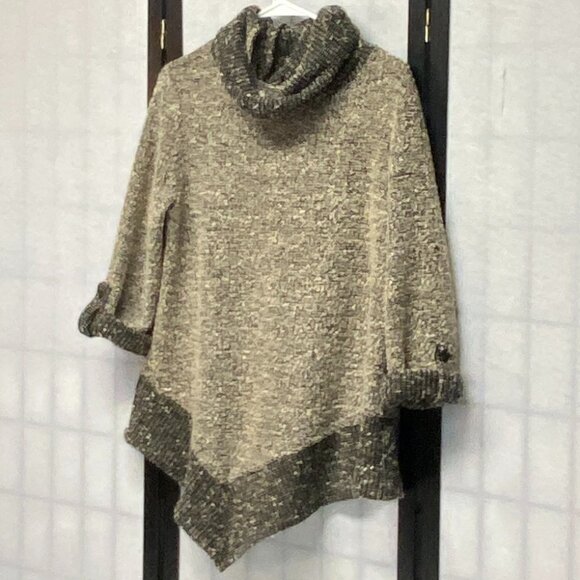 SJS Boucle Knit Cowl Neck Asymmetrical Sweater L Black Tan Roll Sleeve Cozy Chic - Picture 4 of 12